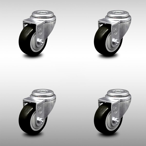 3 Inch SS Black Polyurethane Wheel Swivel Bolt Hole Caster Set